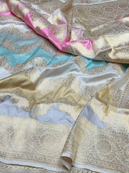 Ivory Handwoven Pure Banarasi Rangkaat Silk Saree – Pure Katan Silk