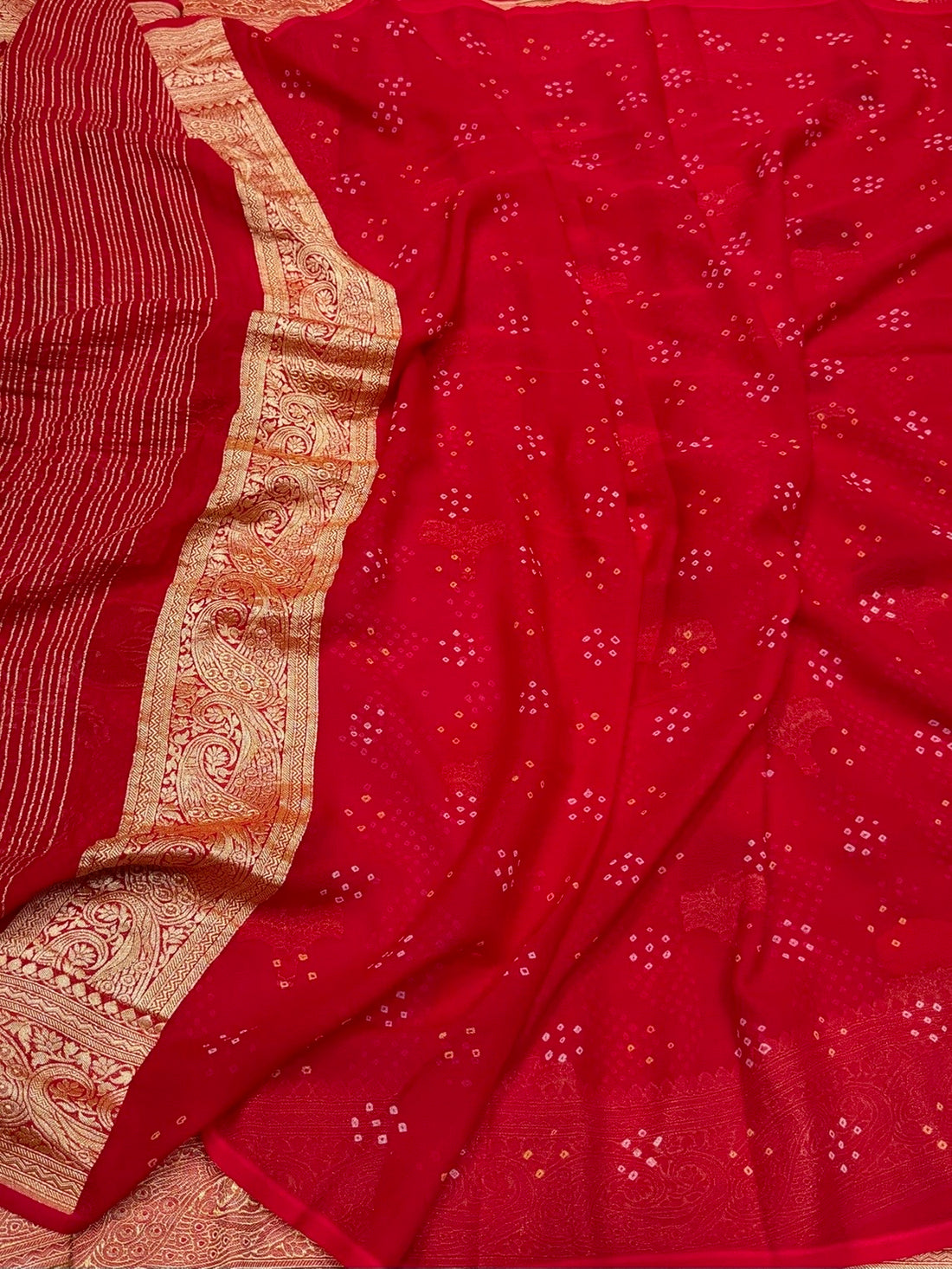 Red Banarasi Pure Bandhej Georgette Saree – Luxury Cutwork Brocade Wedding &amp; Festive Saree