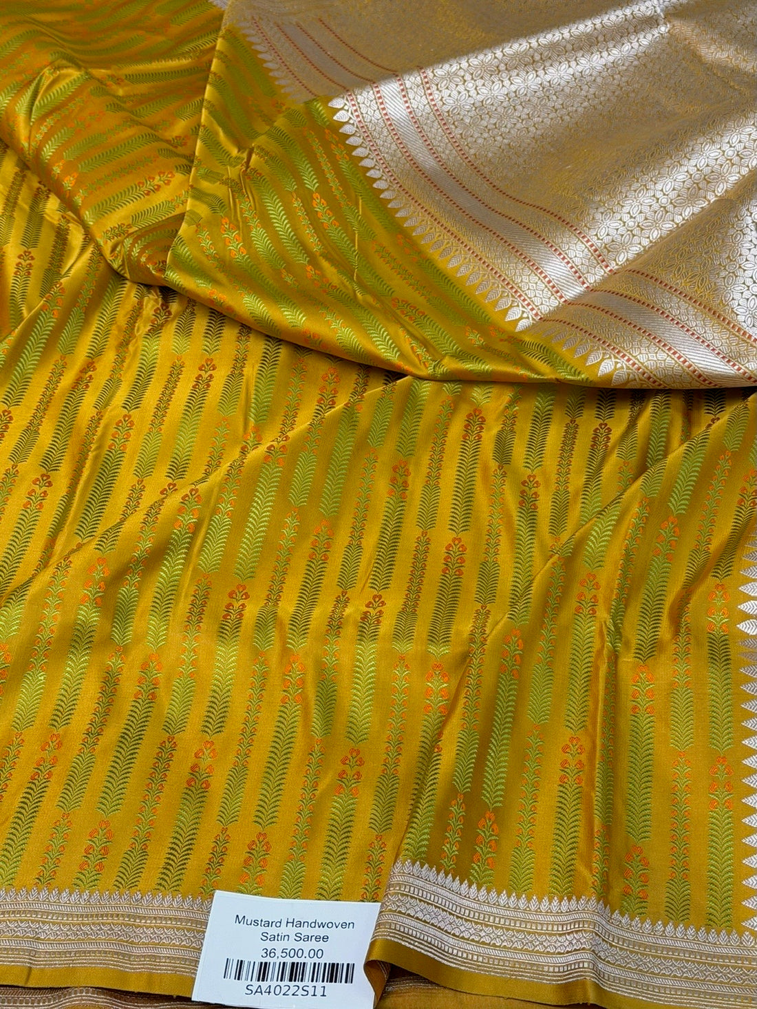 Mustard Yellow Handwoven Pure Banarasi Satin Tanchoi Silk Saree