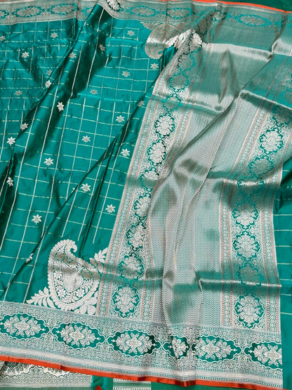 Teal Green Handwoven Pure Banarasi Satin Silk Saree – Kadwa Weave | 100% Pure Satin Silk | Authentic Banaras Handloom