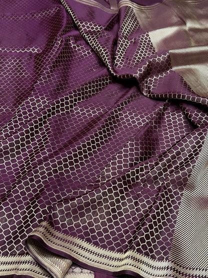 Wine Handwoven Pure Banarasi Satin Tanchoi Silk Saree
