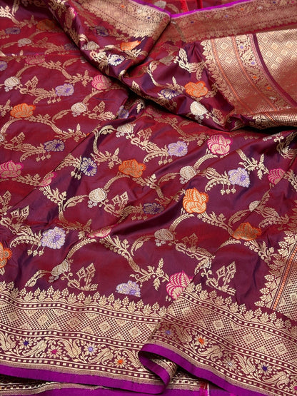 Maroon Handwoven Pure Banarasi Silk Saree in Kadwa Weave – 100% Katan Mulberry Silk