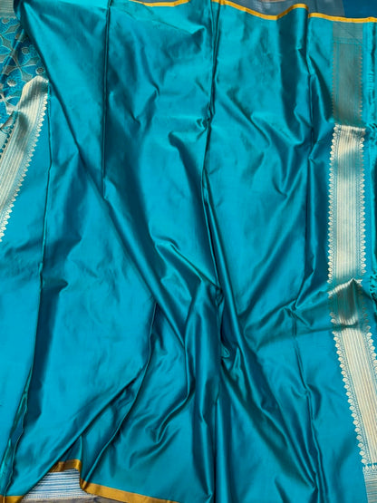 Sky Blue Handwoven Pure Banarasi Satin Tanchoi Silk Saree