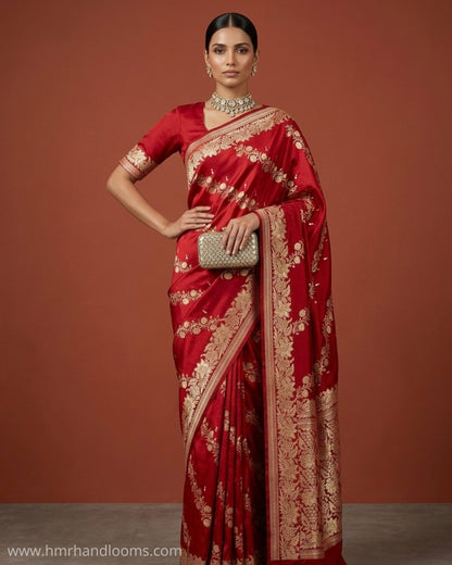 Red Handwoven Pure Mashru Banarasi Satin Silk Saree