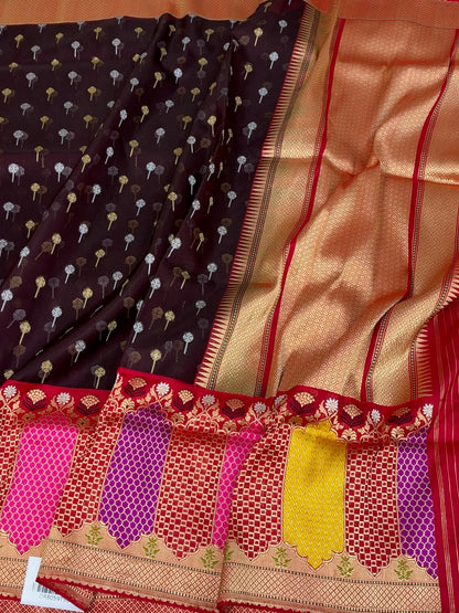 Wine Handwoven Pure Banarasi Organza Silk Saree