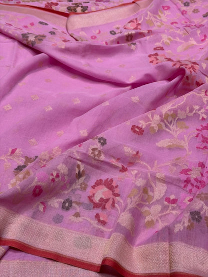 Lavender Pink Pure Muslin Cotton Jamdani Saree