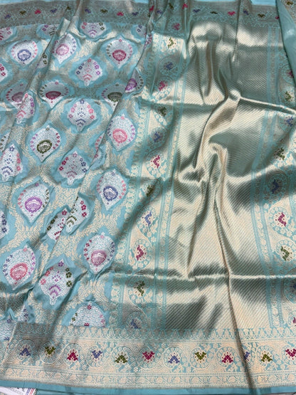 Sky Blue Handwoven Pure Banarasi Silk Saree in Kadwa Weave