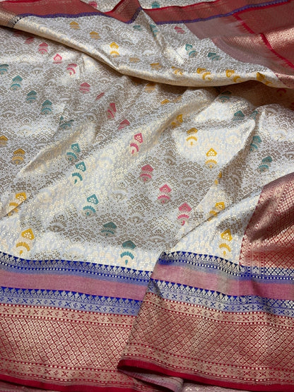 Ivory Pure Banarasi Silk Brocade Saree with Red Satin Border – Katan Silk Elegance