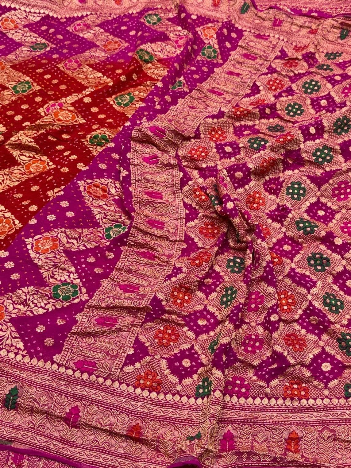 Rani Pink Banarasi Pure Bandhej Georgette Saree – Luxury Cutwork Brocade Wedding & Festive Saree