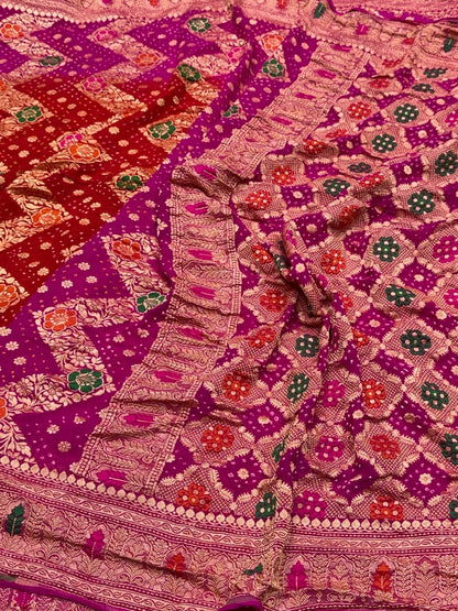 Rani Pink Banarasi Pure Bandhej Georgette Saree – Luxury Cutwork Brocade Wedding &amp; Festive Saree