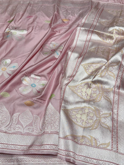 Blush Pink Handwoven Pure Banarasi Ektara Silk Saree in Kadwa Weave – 100% Pure Mulberry Silk
