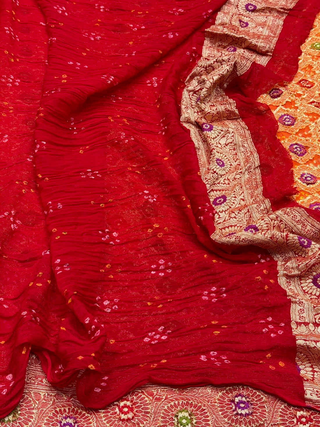 Red Banarasi Pure Bandhej Georgette Saree – Luxury Cutwork Brocade Wedding &amp; Festive Saree