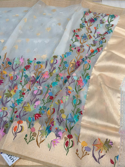 White Handwoven Pure Banarasi Kora Jamdani Silk Saree