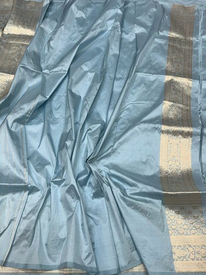 Powder Blue Handwoven Vintage Pure Banarasi Silk Saree – Kadwa Weave in 100% Katan Mulberry Silk
