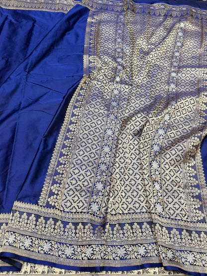 Royal Blue Handwoven Banarasi Pure Mashru Satin Silk Saree