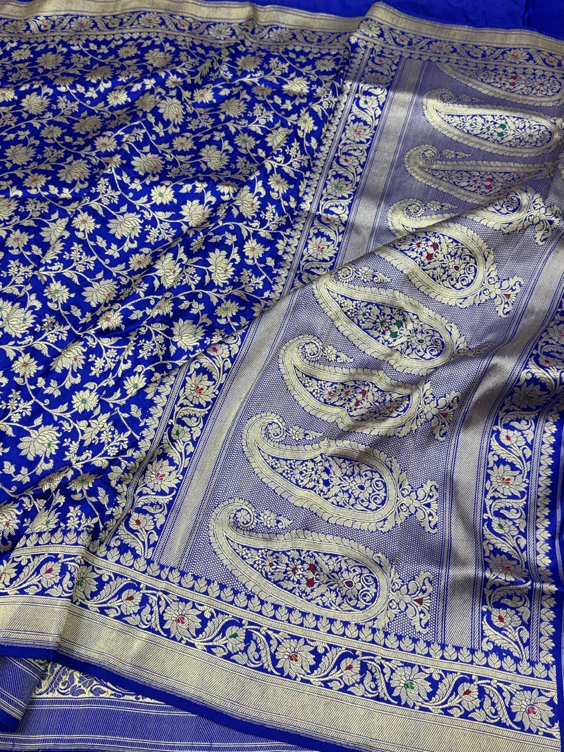 Royal Blue Handwoven Pure Banarasi Silk Saree – Kadwa Weave in 100% Katan Mulberry Silk