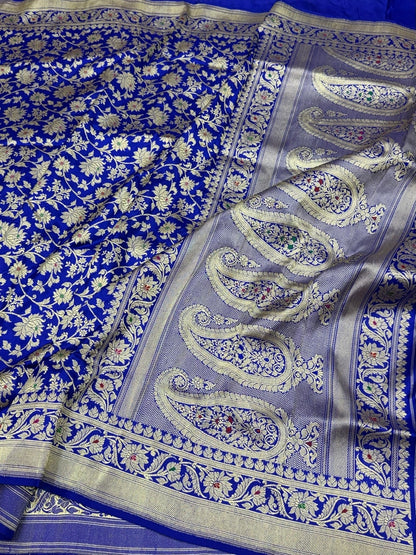 Royal Blue Handwoven Pure Banarasi Silk Saree – Kadwa Weave in 100% Katan Mulberry Silk