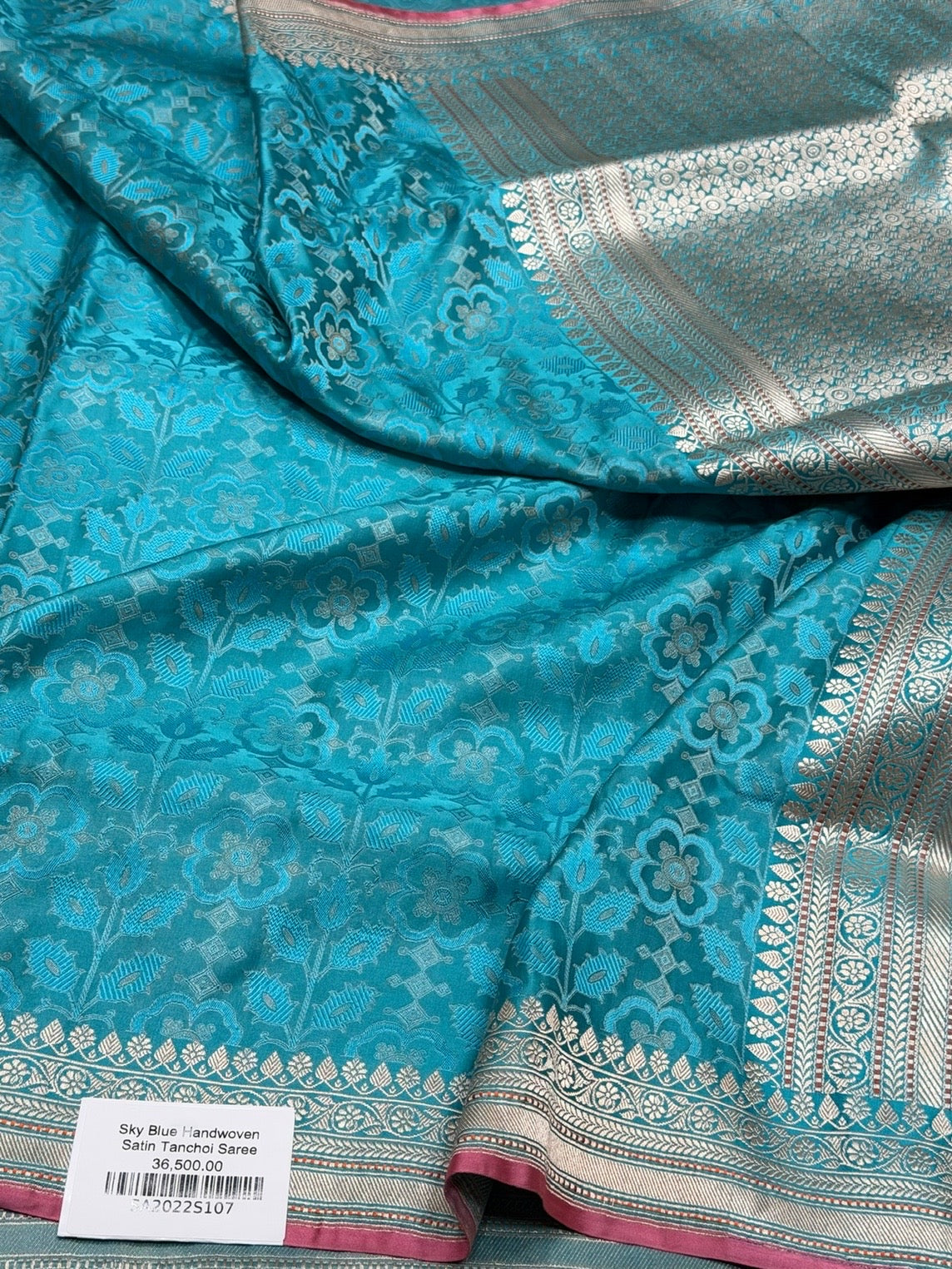 Sky Blue Handwoven Pure Banarasi Satin Silk Saree