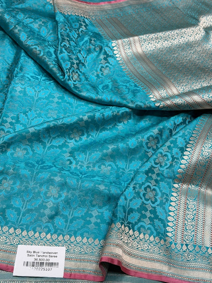 Sky Blue Handwoven Pure Banarasi Satin Silk Saree