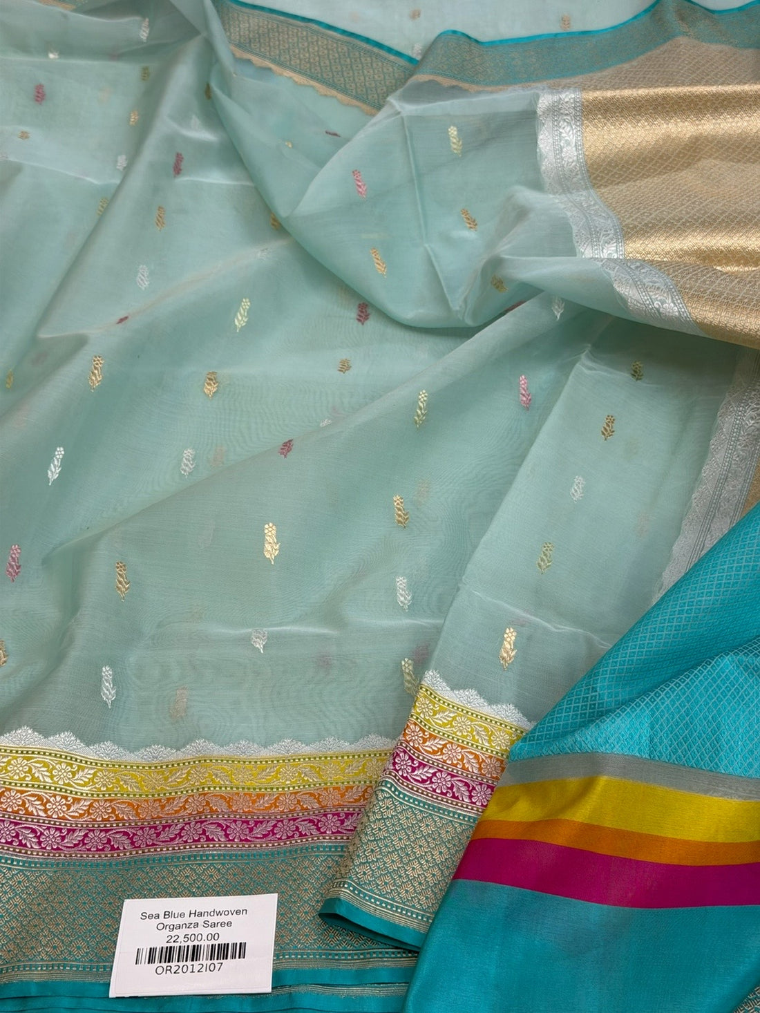 Sea Blue Handwoven Pure Banarasi Organza Silk Saree