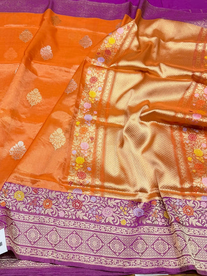 Orange Handwoven Pure Banarasi Tissue Saree