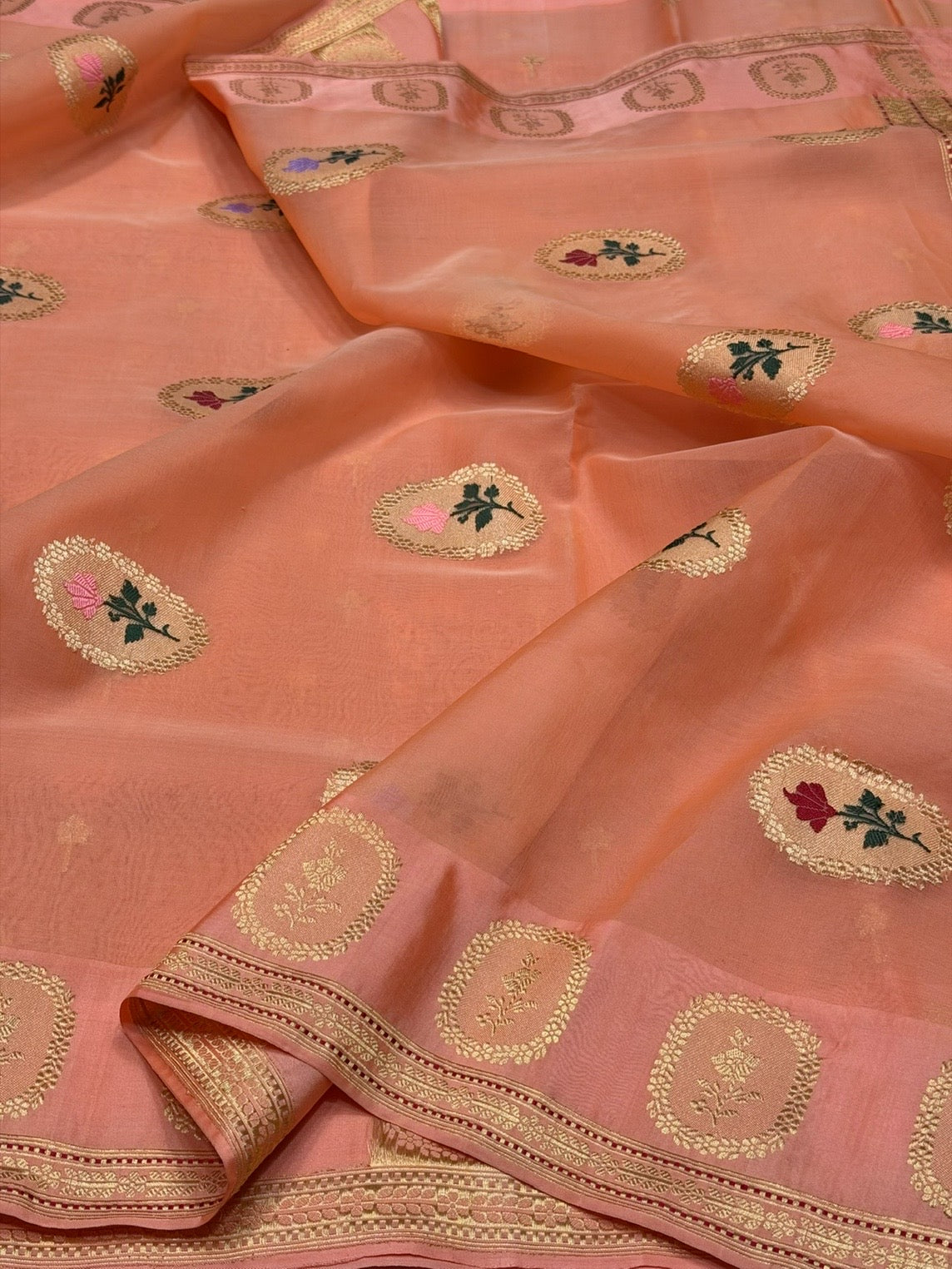 Peach Handwoven Pure Banarasi Organza Silk Saree – Kadwa Weave in Kora Mulberry Silk