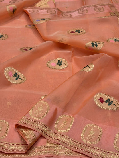 Peach Handwoven Pure Banarasi Organza Silk Saree – Kadwa Weave in Kora Mulberry Silk