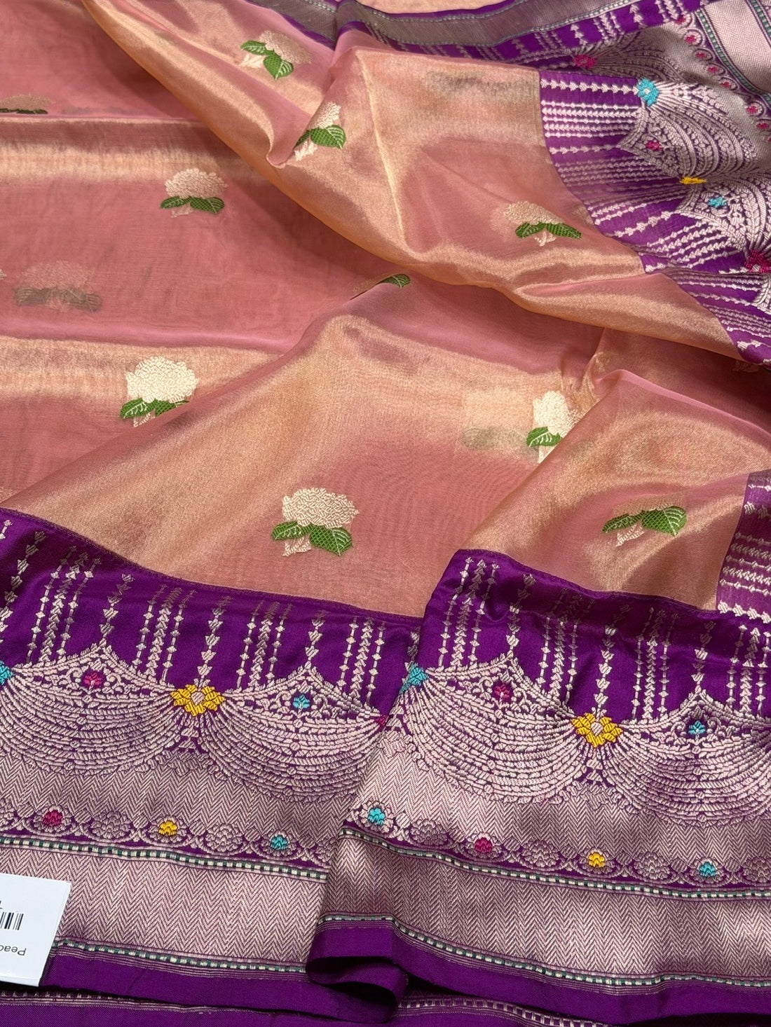 Peach Handwoven Pure Banarasi Tissue Saree