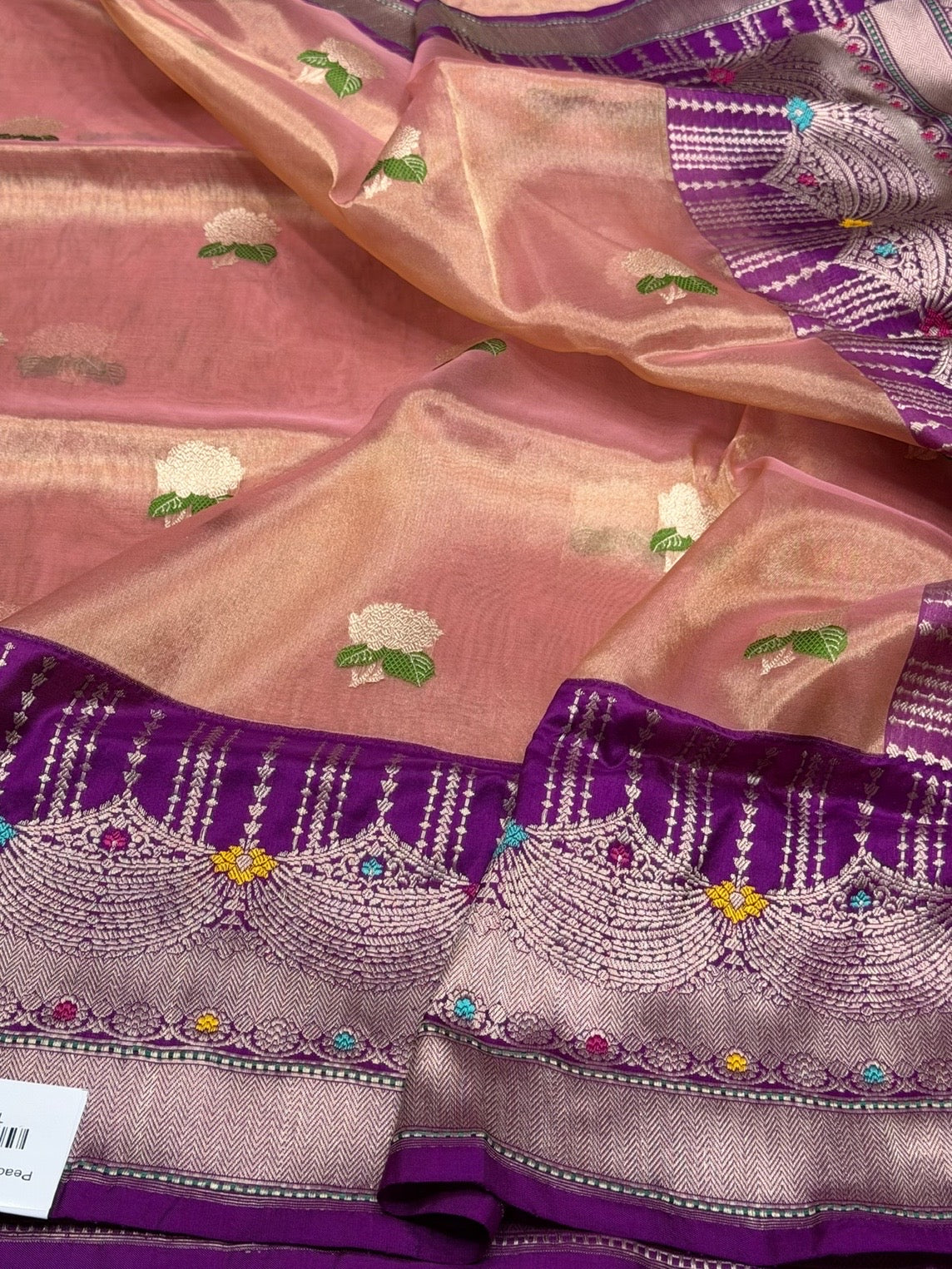 Peach Handwoven Pure Banarasi Tissue Saree
