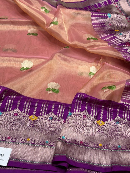 Peach Handwoven Pure Banarasi Tissue Saree
