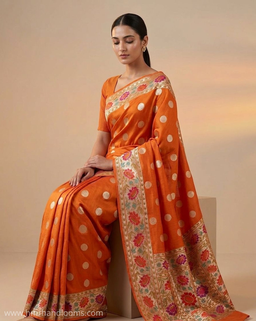 Orange Paithni Border Pure Tussar Georgette Saree