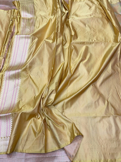 Soft Gold Handwoven Pure Banarasi Satin Silk Saree – Traditional Kadwa Weave in 100% Pure Satin Silk