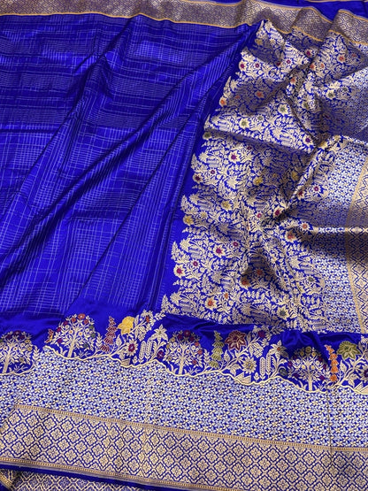 Royal Blue Handwoven Pure Banarasi Silk Saree – Kadwa Weave, Pure Katan-Mulberry Silk