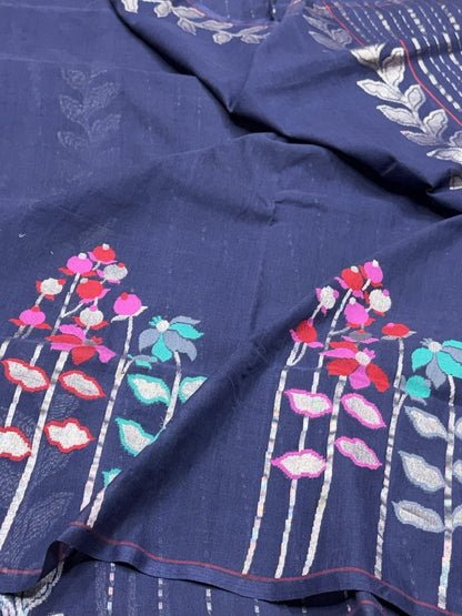 Navy Blue Handwoven Banarasi Pure Cotton Saree