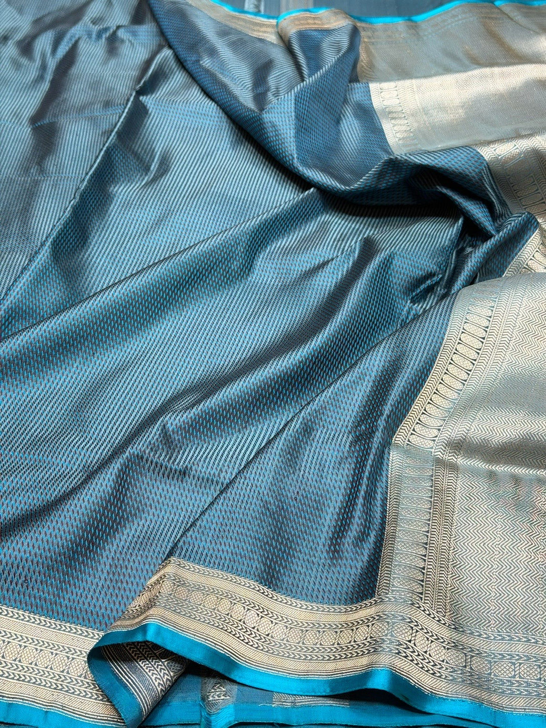 Teal Blue Handwoven Pure Banarasi Satin Tanchoi Silk Saree – Kadwa Weave | Authentic Banaras Handloom