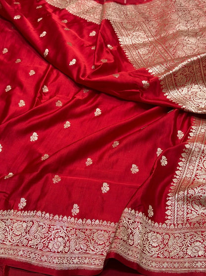 Red Handwoven Vintage Pure Banarasi Satin Silk Saree