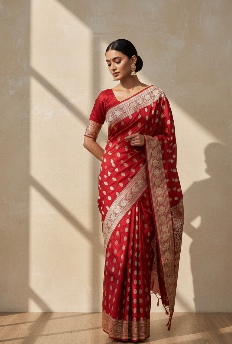 Red Handwoven Vintage Pure Banarasi Satin Silk Saree – Cutwork Weave, Pure Satin Silk