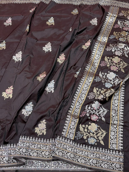 Coffee Brown Handwoven Pure Banarasi Silk Saree – Kadwa Weave, Pure Katan-Mulberry Silk
