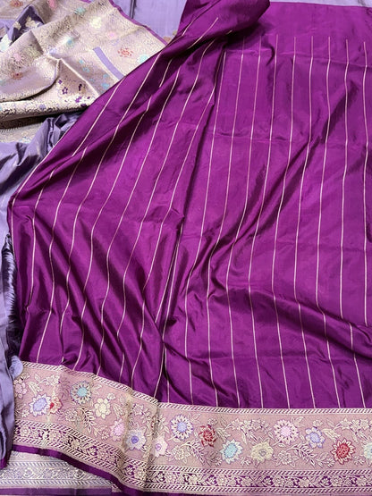 Mauve Handwoven Pure Banarasi Silk Saree in Kadwa Weave – Katan Mulberry Silk