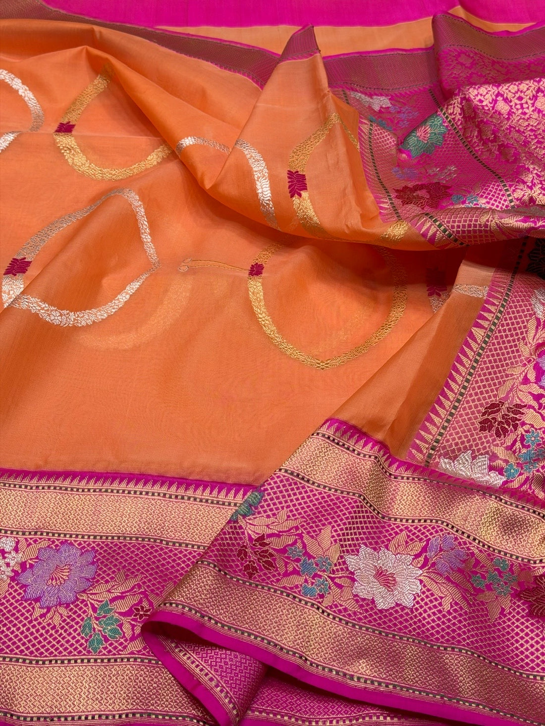 Orange Handwoven Pure Banarasi Organza Silk Saree in Kadwa Weave | 100% Pure Kora Silk