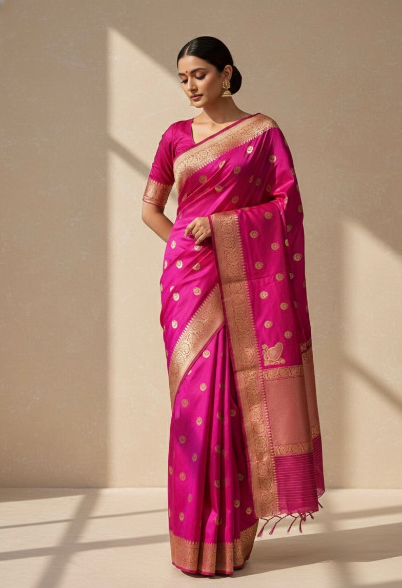 Rani Pink Handwoven Chand Tara Koniya Pure Banarasi Silk Saree – Kadwa Weave | Bridal Katan Silk | 100% Pure Mulberry Silk