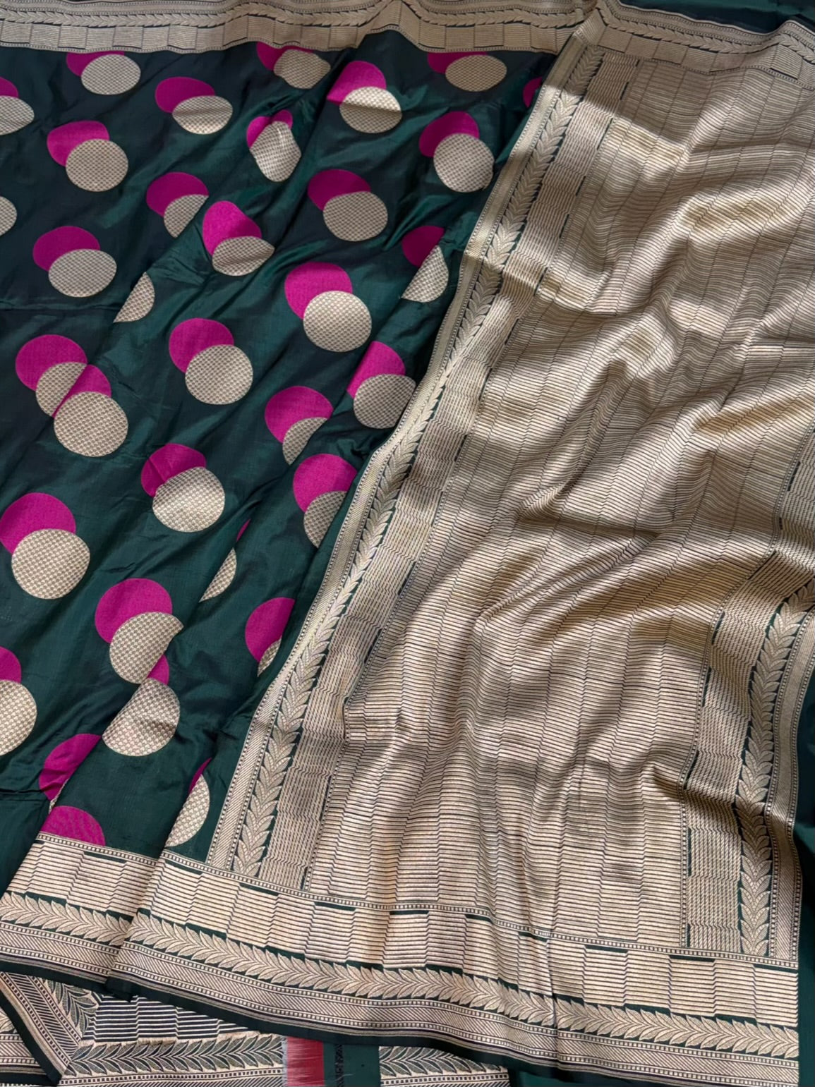 Bottle Green Minakari Banarasi Pure Katan Silk Saree