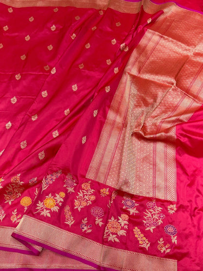 Reddish Pink Handwoven Pure Banarasi Silk Saree in Kadwa Weave | Authentic Katan Mulberry Silk
