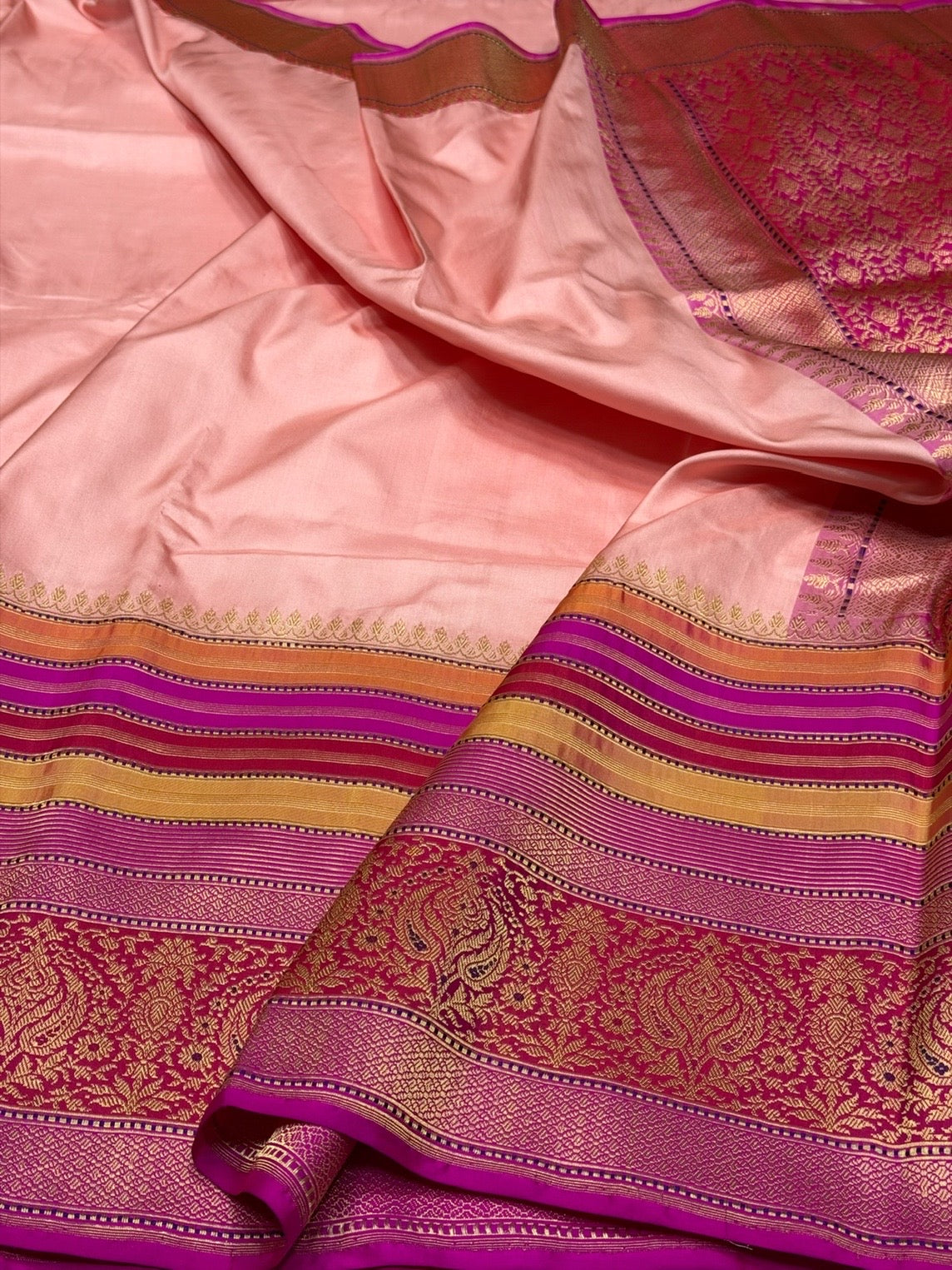 Peach Handwoven Pure Banarasi Ektara Silk Saree – Luxury Kadwa Weave