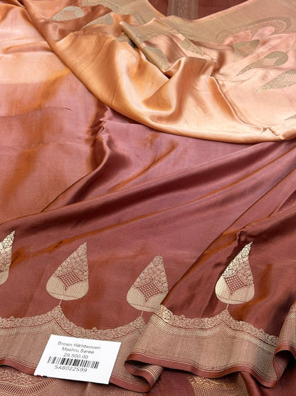 Brown Handwoven Pure Mashru Banarasi Satin Silk Saree