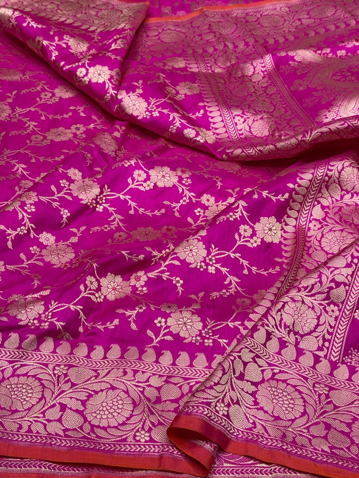 Rani Pink Handwoven Pure Banarasi Silk Saree in Kadwa Weave | Authentic Katan Mulberry Silk