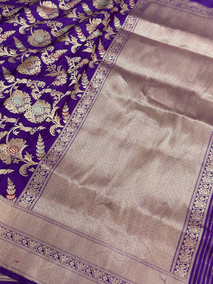 Purple Handwoven Pure Banarasi Silk Saree in Kadwa Jaal – Authentic Katan Mulberry Silk