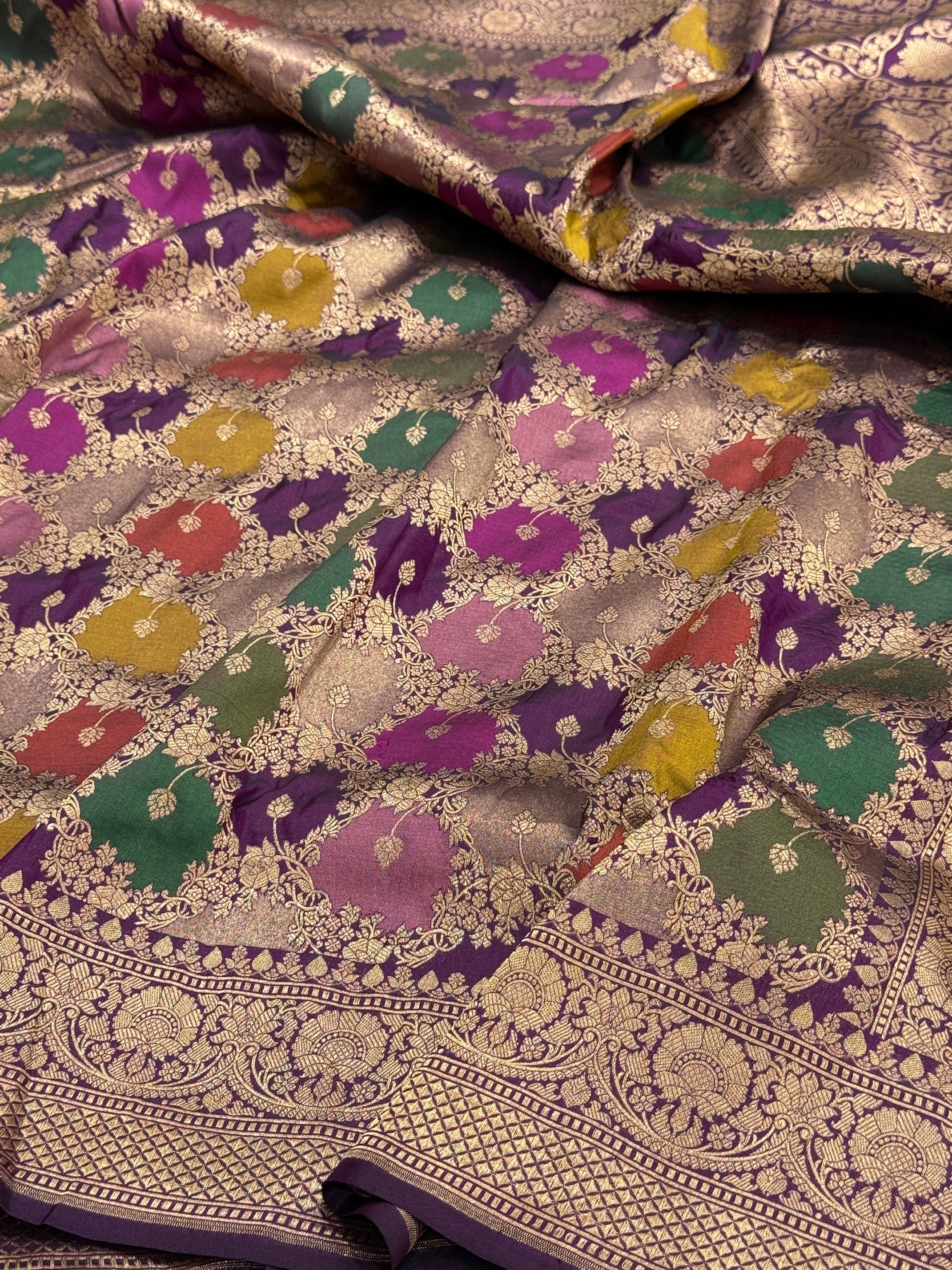 Multicolour Banarasi Pure Silk Saree – Cutwork Weave in 100% Pure Katan Silk