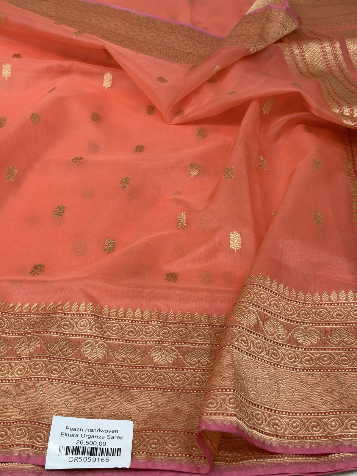 Peach Handwoven Pure Banarasi Organza Silk Saree