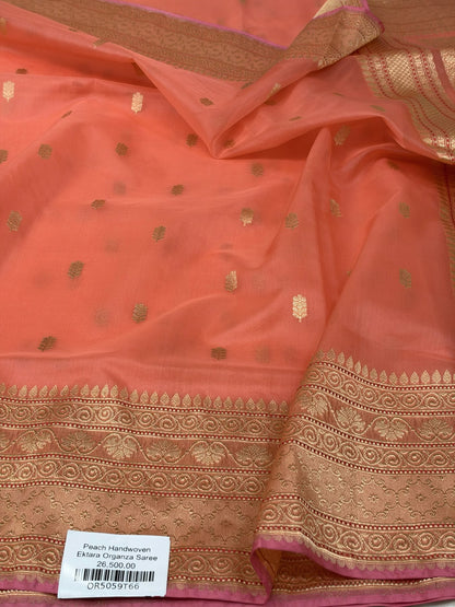 Peach Handwoven Pure Banarasi Organza Silk Saree